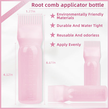 2Pack Root Comb Applicator Bottle - 6 Oz Hair Oil Applicator, Dye Bottle Tools with Oil Dispenser & Root Comb Brush - Pink