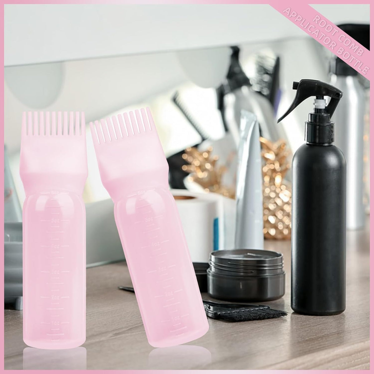 2Pack Root Comb Applicator Bottle - 6 Oz Hair Oil Applicator, Dye Bottle Tools with Oil Dispenser & Root Comb Brush - Pink