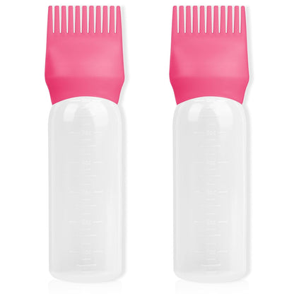 2Pack Root Comb Applicator Bottle - 6 Oz Hair Oil Applicator, Dye Bottle Tools with Oil Dispenser & Root Comb Brush - Pink