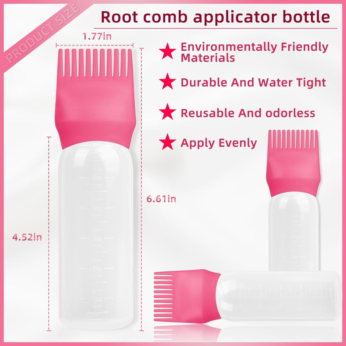 2Pack Root Comb Applicator Bottle - 6 Oz Hair Oil Applicator, Dye Bottle Tools with Oil Dispenser & Root Comb Brush - Pink