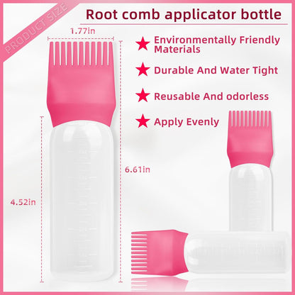 2Pack Root Comb Applicator Bottle - 6 Oz Hair Oil Applicator, Dye Bottle Tools with Oil Dispenser & Root Comb Brush - Pink