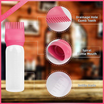 2Pack Root Comb Applicator Bottle - 6 Oz Hair Oil Applicator, Dye Bottle Tools with Oil Dispenser & Root Comb Brush - Pink