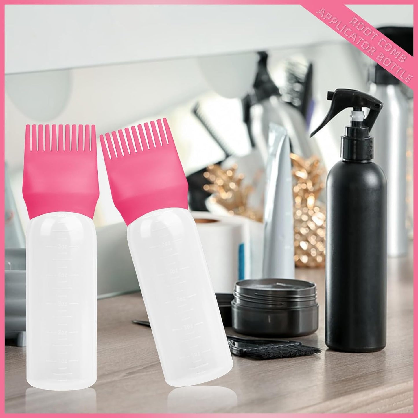 2Pack Root Comb Applicator Bottle - 6 Oz Hair Oil Applicator, Dye Bottle Tools with Oil Dispenser & Root Comb Brush - Pink