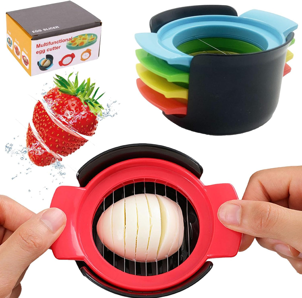 4-in-1 Stainless Steel Egg Slicer for Hard Boiled Eggs, Fruits & More – Effortless Egg Cutter for Salads, Sandwiches, Charcuterie Boards – (Perfect for Strawberries, Bananas, Grapes)