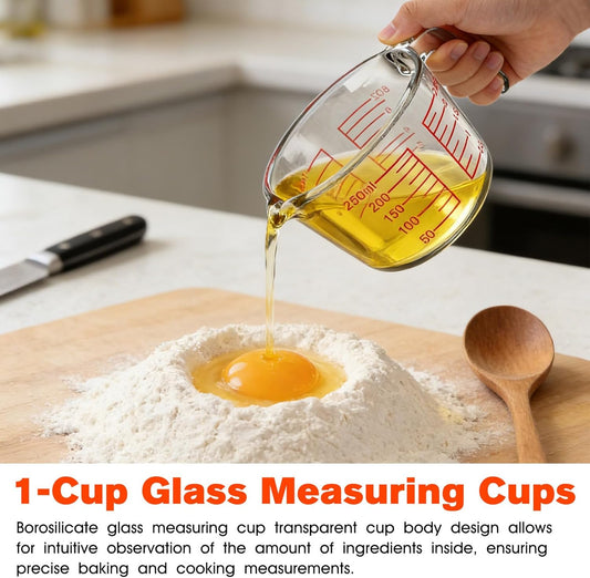 1 Cup Glass Measuring Cups, Clear Borosilicate Glass Liquid Measuring Cup | Kitchen & Baking Microwave Safe One Glass Measuring Cups, 8 OZ/250ML Small Glass Measuring Cup