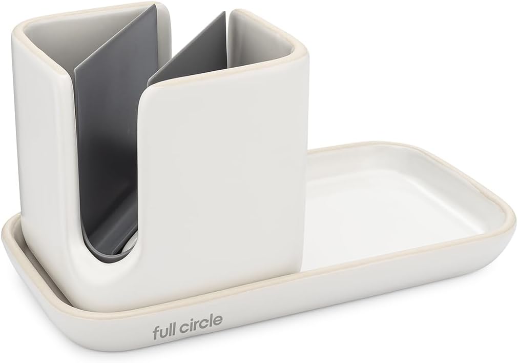 Sinkside Ceramic Cleaning Station - Kitchen Sink Caddy & Sponge Holder, Countertop Organizer for Dish Brushes & Scrubbers - Dishwasher Safe, Rustproof, Compact Design, White