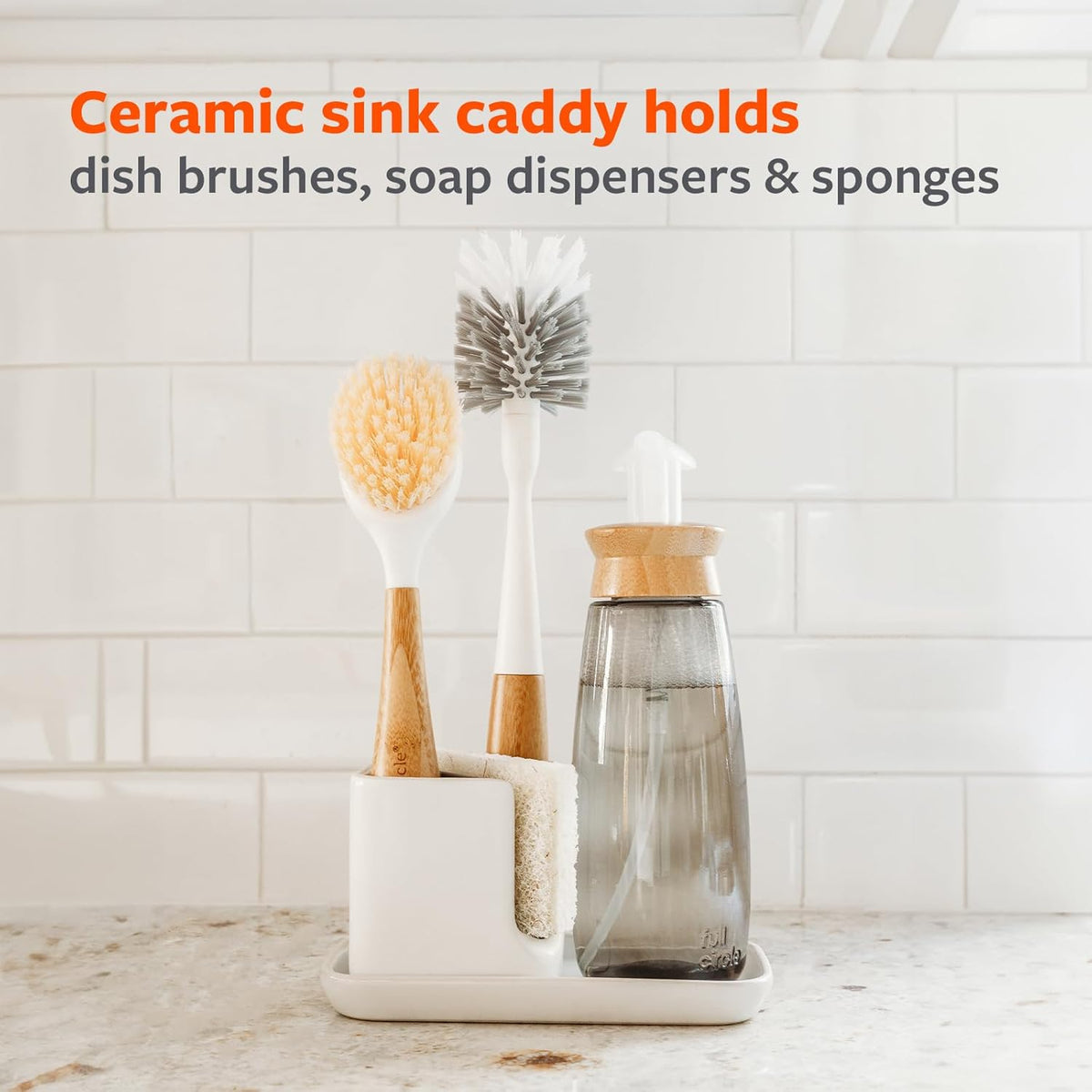 Sinkside Ceramic Cleaning Station - Kitchen Sink Caddy & Sponge Holder, Countertop Organizer for Dish Brushes & Scrubbers - Dishwasher Safe, Rustproof, Compact Design, White