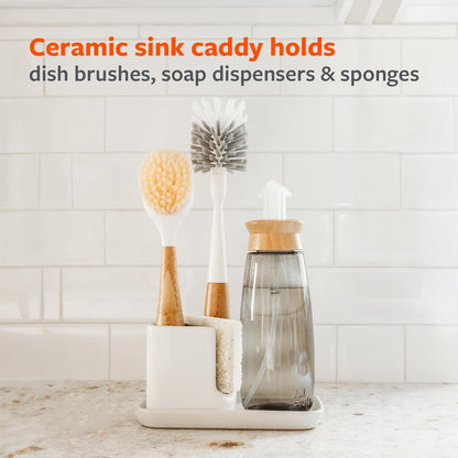 Sinkside Ceramic Cleaning Station - Kitchen Sink Caddy & Sponge Holder, Countertop Organizer for Dish Brushes & Scrubbers - Dishwasher Safe, Rustproof, Compact Design, White