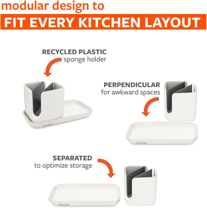Sinkside Ceramic Cleaning Station - Kitchen Sink Caddy & Sponge Holder, Countertop Organizer for Dish Brushes & Scrubbers - Dishwasher Safe, Rustproof, Compact Design, White