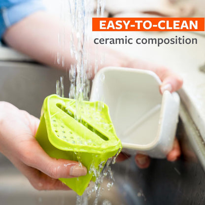 Sinkside Ceramic Cleaning Station - Kitchen Sink Caddy & Sponge Holder, Countertop Organizer for Dish Brushes & Scrubbers - Dishwasher Safe, Rustproof, Compact Design, White