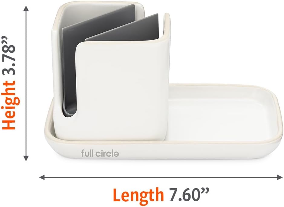 Sinkside Ceramic Cleaning Station - Kitchen Sink Caddy & Sponge Holder, Countertop Organizer for Dish Brushes & Scrubbers - Dishwasher Safe, Rustproof, Compact Design, White