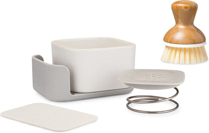 Sinkside Ceramic Cleaning Station - Kitchen Sink Caddy & Sponge Holder, Countertop Organizer for Dish Brushes & Scrubbers - Dishwasher Safe, Rustproof, Compact Design, White