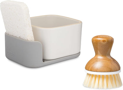 Sinkside Ceramic Cleaning Station - Kitchen Sink Caddy & Sponge Holder, Countertop Organizer for Dish Brushes & Scrubbers - Dishwasher Safe, Rustproof, Compact Design, White