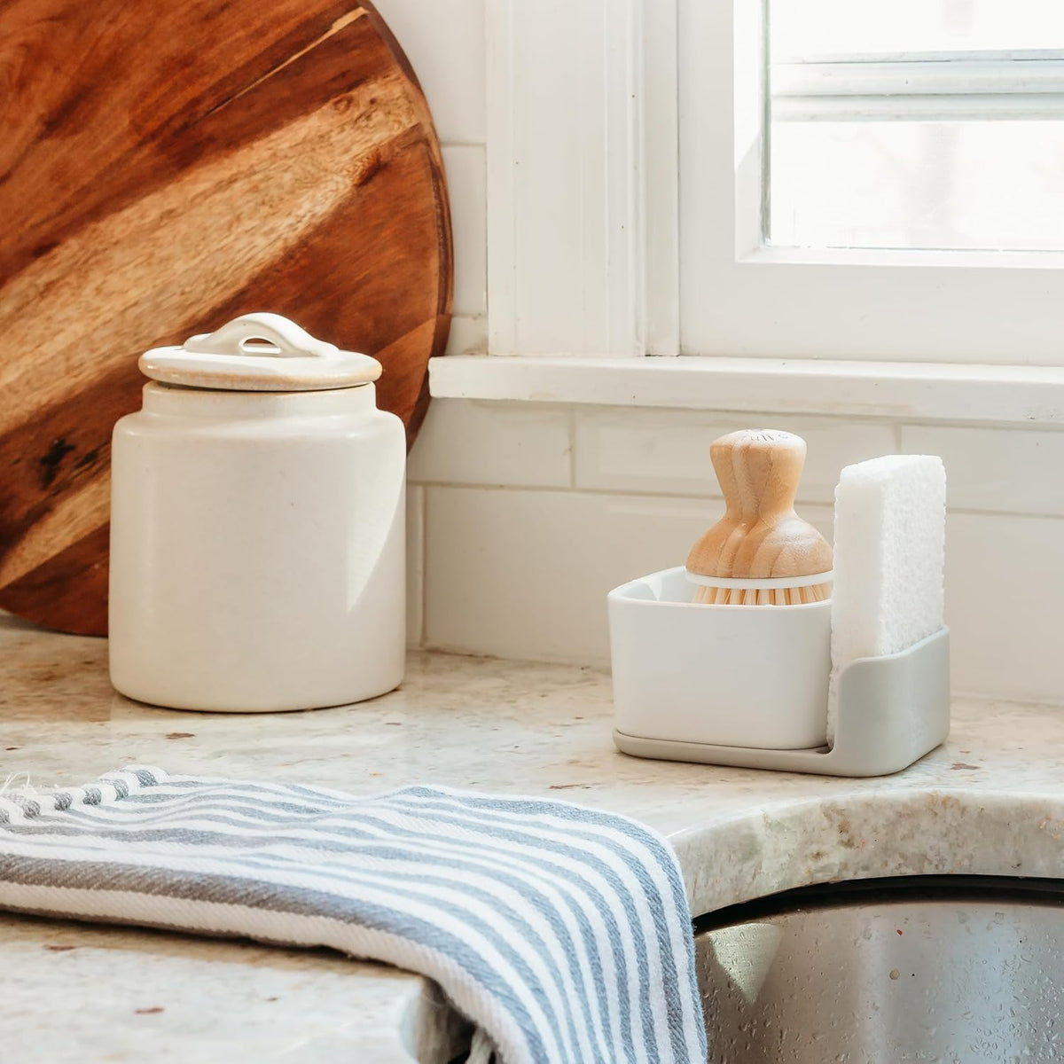 Sinkside Ceramic Cleaning Station - Kitchen Sink Caddy & Sponge Holder, Countertop Organizer for Dish Brushes & Scrubbers - Dishwasher Safe, Rustproof, Compact Design, White