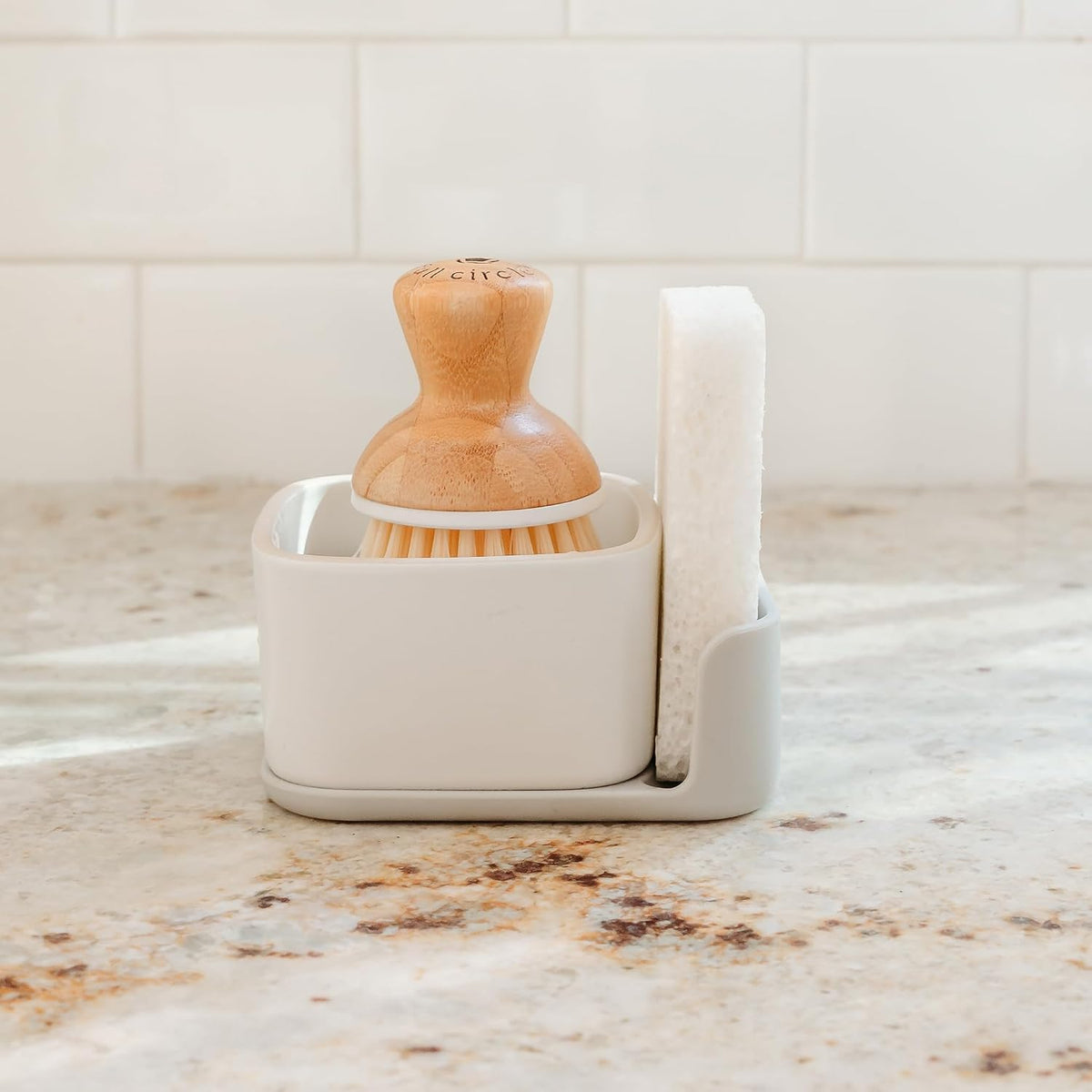 Sinkside Ceramic Cleaning Station - Kitchen Sink Caddy & Sponge Holder, Countertop Organizer for Dish Brushes & Scrubbers - Dishwasher Safe, Rustproof, Compact Design, White