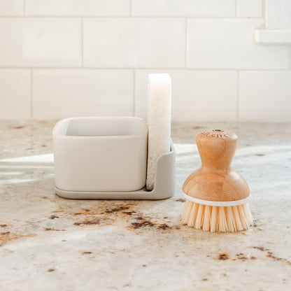 Sinkside Ceramic Cleaning Station - Kitchen Sink Caddy & Sponge Holder, Countertop Organizer for Dish Brushes & Scrubbers - Dishwasher Safe, Rustproof, Compact Design, White