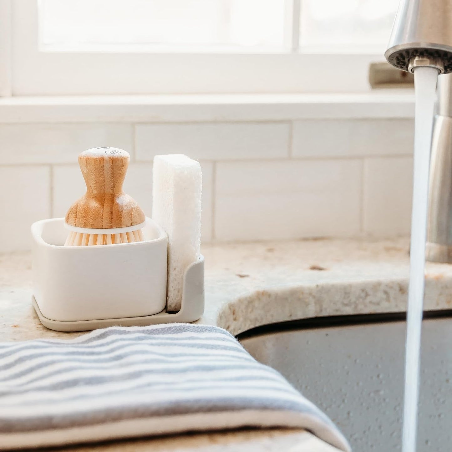 Sinkside Ceramic Cleaning Station - Kitchen Sink Caddy & Sponge Holder, Countertop Organizer for Dish Brushes & Scrubbers - Dishwasher Safe, Rustproof, Compact Design, White