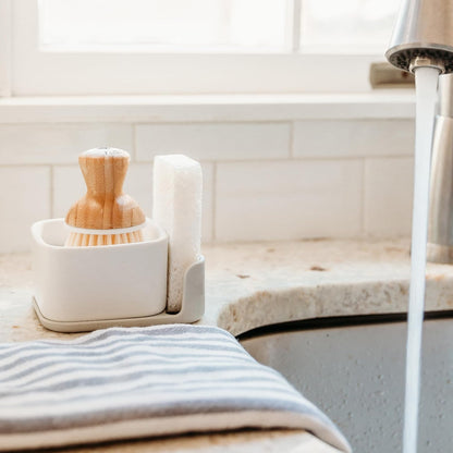 Sinkside Ceramic Cleaning Station - Kitchen Sink Caddy & Sponge Holder, Countertop Organizer for Dish Brushes & Scrubbers - Dishwasher Safe, Rustproof, Compact Design, White
