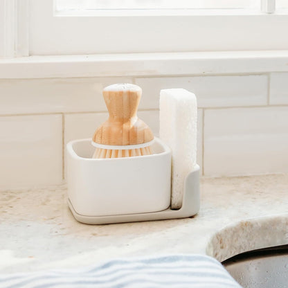 Sinkside Ceramic Cleaning Station - Kitchen Sink Caddy & Sponge Holder, Countertop Organizer for Dish Brushes & Scrubbers - Dishwasher Safe, Rustproof, Compact Design, White