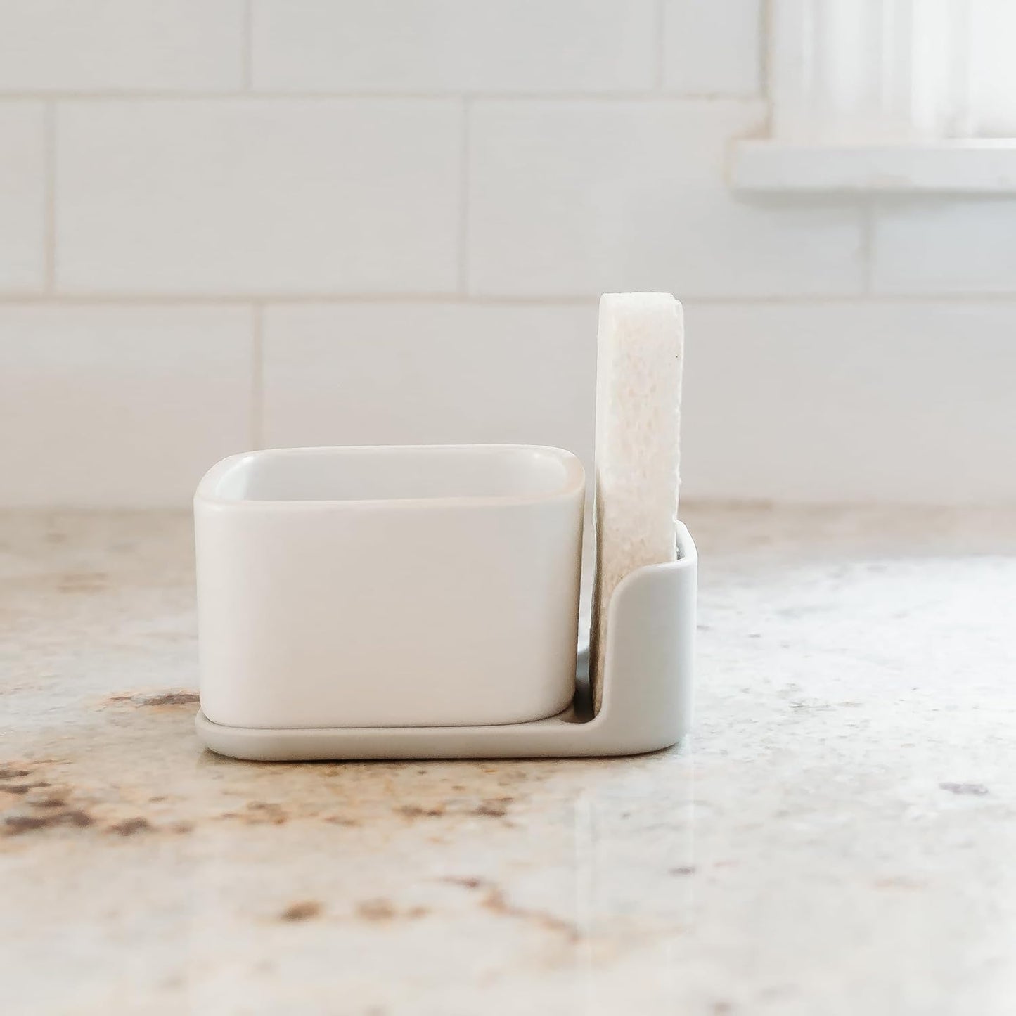 Sinkside Ceramic Cleaning Station - Kitchen Sink Caddy & Sponge Holder, Countertop Organizer for Dish Brushes & Scrubbers - Dishwasher Safe, Rustproof, Compact Design, White