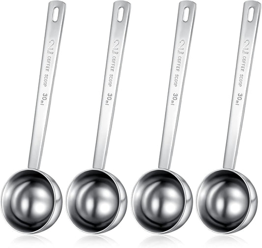 4 Pcs 2 Tablespoon Scoops with Long Handle, 30 ml Stainless Steel Measuring Spoon for Coffee Milk Fruit Powder, Loose Tea Dry, Spice Jar, Cooking Baking, and Other Dry Goods