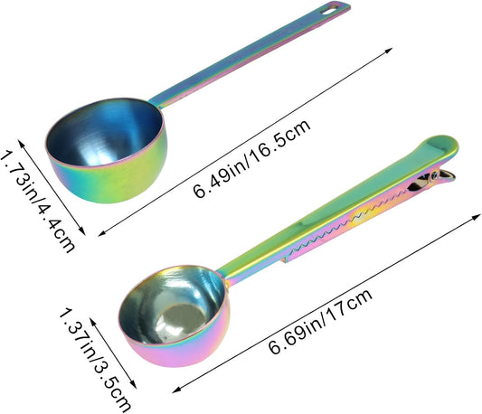 1Set Rainbow Coffee Scoop 1 Tablespoon 2 Tablespoon Stainless Steel Long Handles Round Measuring Coffee Spoons with Clip for Coffee Bean Tea Powder Baking