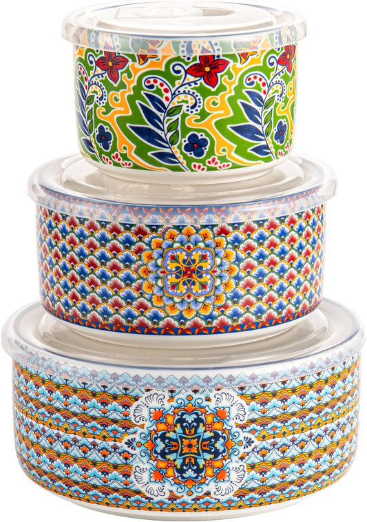 Ceramic Food Storage Bowls with Lids, Nesting Set of 3, 10/20/32 oz | Boho Pattern, Ideal for Meal Prep, Serving, Leftovers & Everyday Use, Microwave, Dishwasher & Freezer Safe