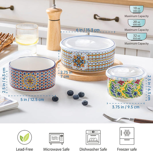 Ceramic Food Storage Bowls with Lids, Nesting Set of 3, 10/20/32 oz | Boho Pattern, Ideal for Meal Prep, Serving, Leftovers & Everyday Use, Microwave, Dishwasher & Freezer Safe
