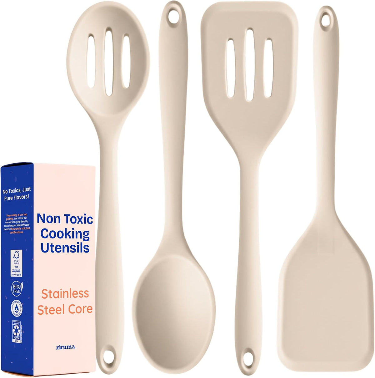 NonToxic Platinum Silicone Utensils, 100% Plastic-Free, 2-Pcs, Beige