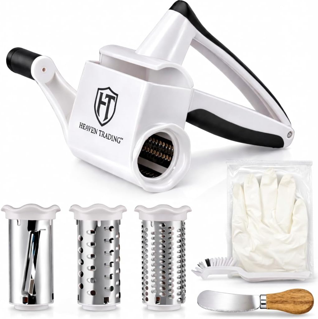 Manual Rotary Cheese Grater Set with ABS Body, 3 Stainless Steel Drums, Roller, Spatula, Cleaning Brush & Protective Gloves for Home Kitchen Use –