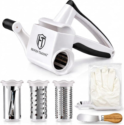 Manual Rotary Cheese Grater Set with ABS Body, 3 Stainless Steel Drums, Roller, Spatula, Cleaning Brush & Protective Gloves for Home Kitchen Use –