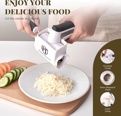 Manual Rotary Cheese Grater Set with ABS Body, 3 Stainless Steel Drums, Roller, Spatula, Cleaning Brush & Protective Gloves for Home Kitchen Use –