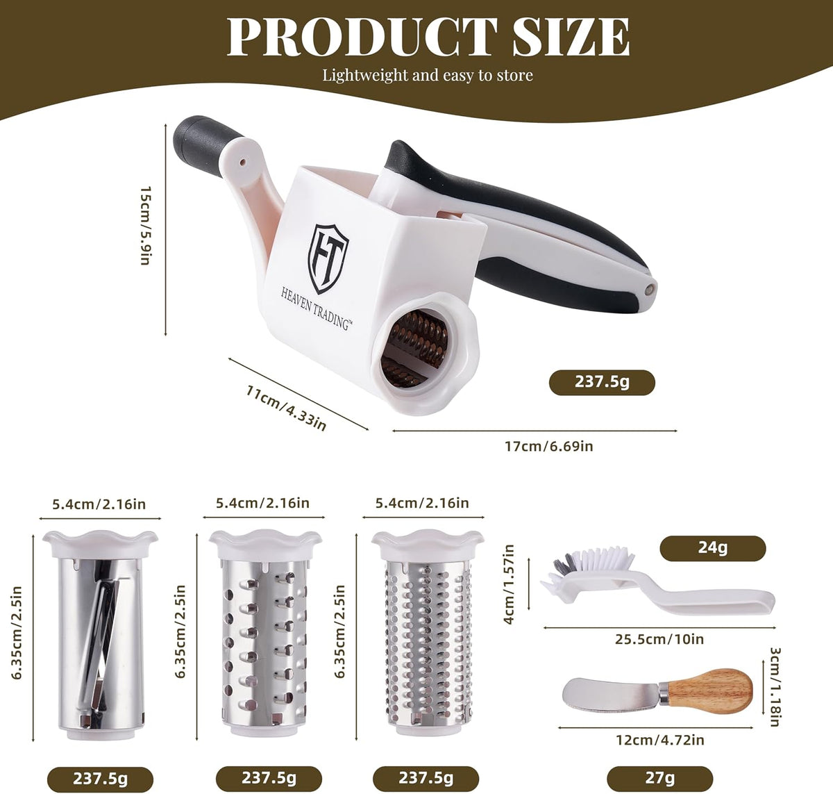 Manual Rotary Cheese Grater Set with ABS Body, 3 Stainless Steel Drums, Roller, Spatula, Cleaning Brush & Protective Gloves for Home Kitchen Use –