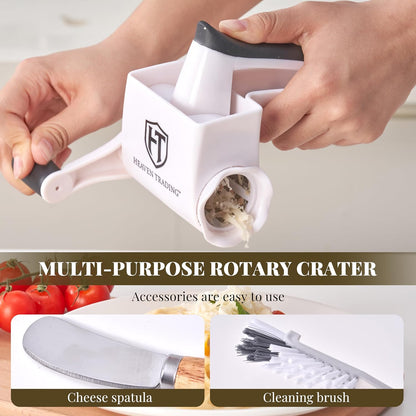 Manual Rotary Cheese Grater Set with ABS Body, 3 Stainless Steel Drums, Roller, Spatula, Cleaning Brush & Protective Gloves for Home Kitchen Use –