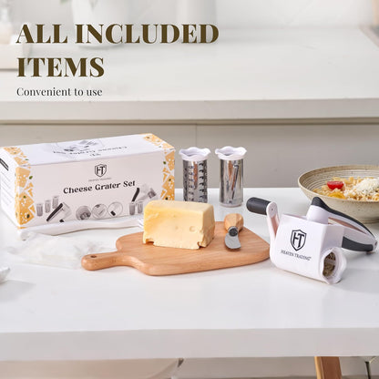 Manual Rotary Cheese Grater Set with ABS Body, 3 Stainless Steel Drums, Roller, Spatula, Cleaning Brush & Protective Gloves for Home Kitchen Use –