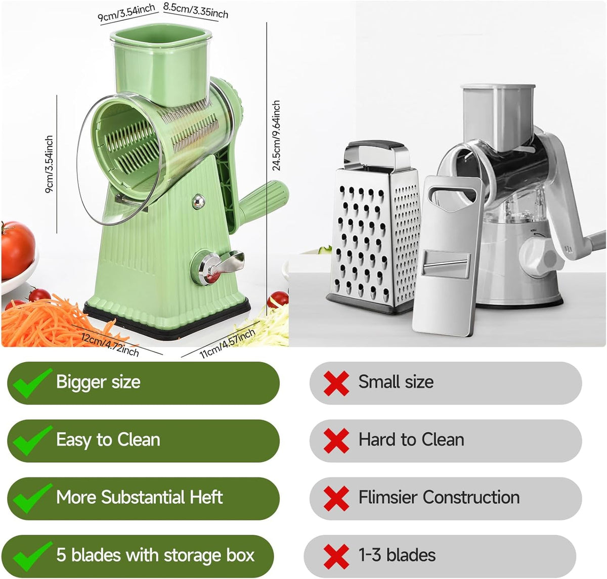 Xilrvna RotaryCheeseGrater,VegetableShredder 5 in 1 Cheese GraterwithHandleedderReinforcedSuction,EasytoClean,KitchenChopperforCrushedIce,Fruits and Nuts with Blade StorageCase（light green）