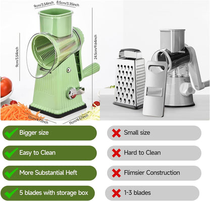 Xilrvna RotaryCheeseGrater,VegetableShredder 5 in 1 Cheese GraterwithHandleedderReinforcedSuction,EasytoClean,KitchenChopperforCrushedIce,Fruits and Nuts with Blade StorageCase（light green）