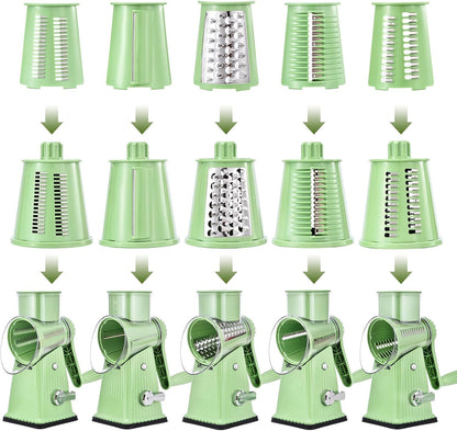 Xilrvna RotaryCheeseGrater,VegetableShredder 5 in 1 Cheese GraterwithHandleedderReinforcedSuction,EasytoClean,KitchenChopperforCrushedIce,Fruits and Nuts with Blade StorageCase（light green）