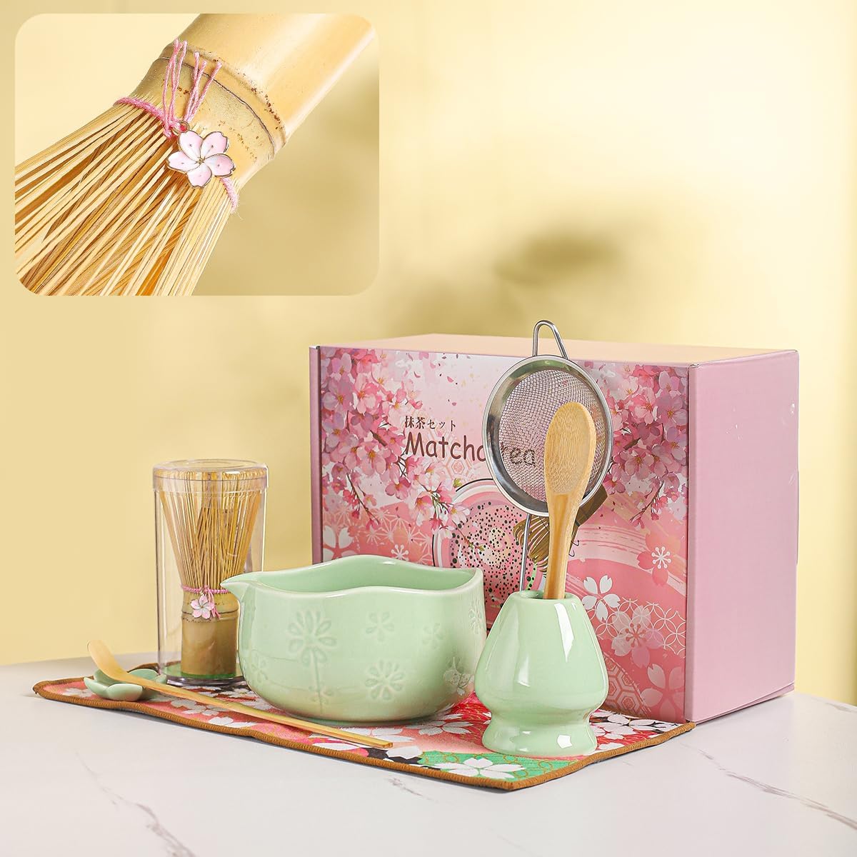 Handcrafted Matcha Bowl Set 8pc - Japanese Style Ceramic Chawan Tea Cups with Floral Art & Wavy Rim | Complete Matcha Tea Ceremony Kit in Premium Gift Box (green)