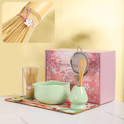 Handcrafted Matcha Bowl Set 8pc - Japanese Style Ceramic Chawan Tea Cups with Floral Art & Wavy Rim | Complete Matcha Tea Ceremony Kit in Premium Gift Box (green)