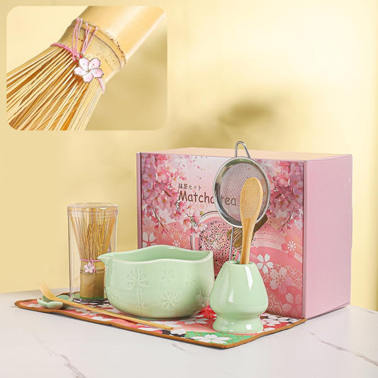 Handcrafted Matcha Bowl Set 8pc - Japanese Style Ceramic Chawan Tea Cups with Floral Art & Wavy Rim | Complete Matcha Tea Ceremony Kit in Premium Gift Box (green)