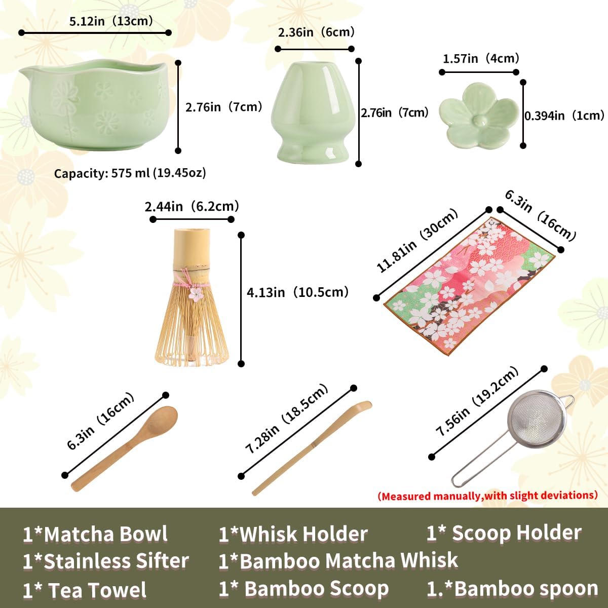 Handcrafted Matcha Bowl Set 8pc - Japanese Style Ceramic Chawan Tea Cups with Floral Art & Wavy Rim | Complete Matcha Tea Ceremony Kit in Premium Gift Box (green)