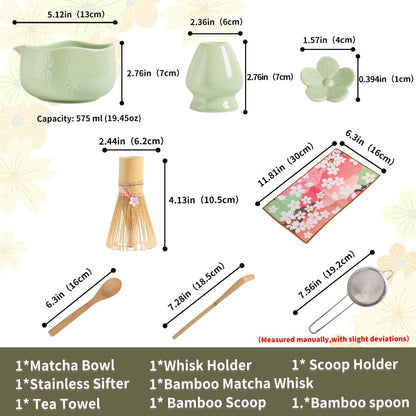 Handcrafted Matcha Bowl Set 8pc - Japanese Style Ceramic Chawan Tea Cups with Floral Art & Wavy Rim | Complete Matcha Tea Ceremony Kit in Premium Gift Box (green)