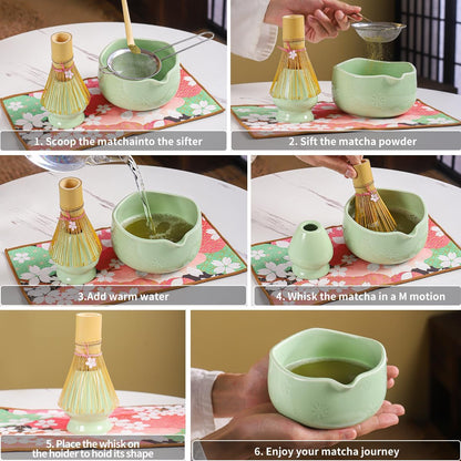 Handcrafted Matcha Bowl Set 8pc - Japanese Style Ceramic Chawan Tea Cups with Floral Art & Wavy Rim | Complete Matcha Tea Ceremony Kit in Premium Gift Box (green)