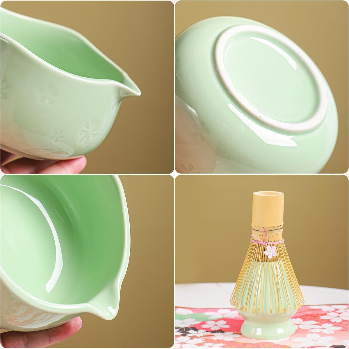 Handcrafted Matcha Bowl Set 8pc - Japanese Style Ceramic Chawan Tea Cups with Floral Art & Wavy Rim | Complete Matcha Tea Ceremony Kit in Premium Gift Box (green)