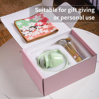 Handcrafted Matcha Bowl Set 8pc - Japanese Style Ceramic Chawan Tea Cups with Floral Art & Wavy Rim | Complete Matcha Tea Ceremony Kit in Premium Gift Box (green)