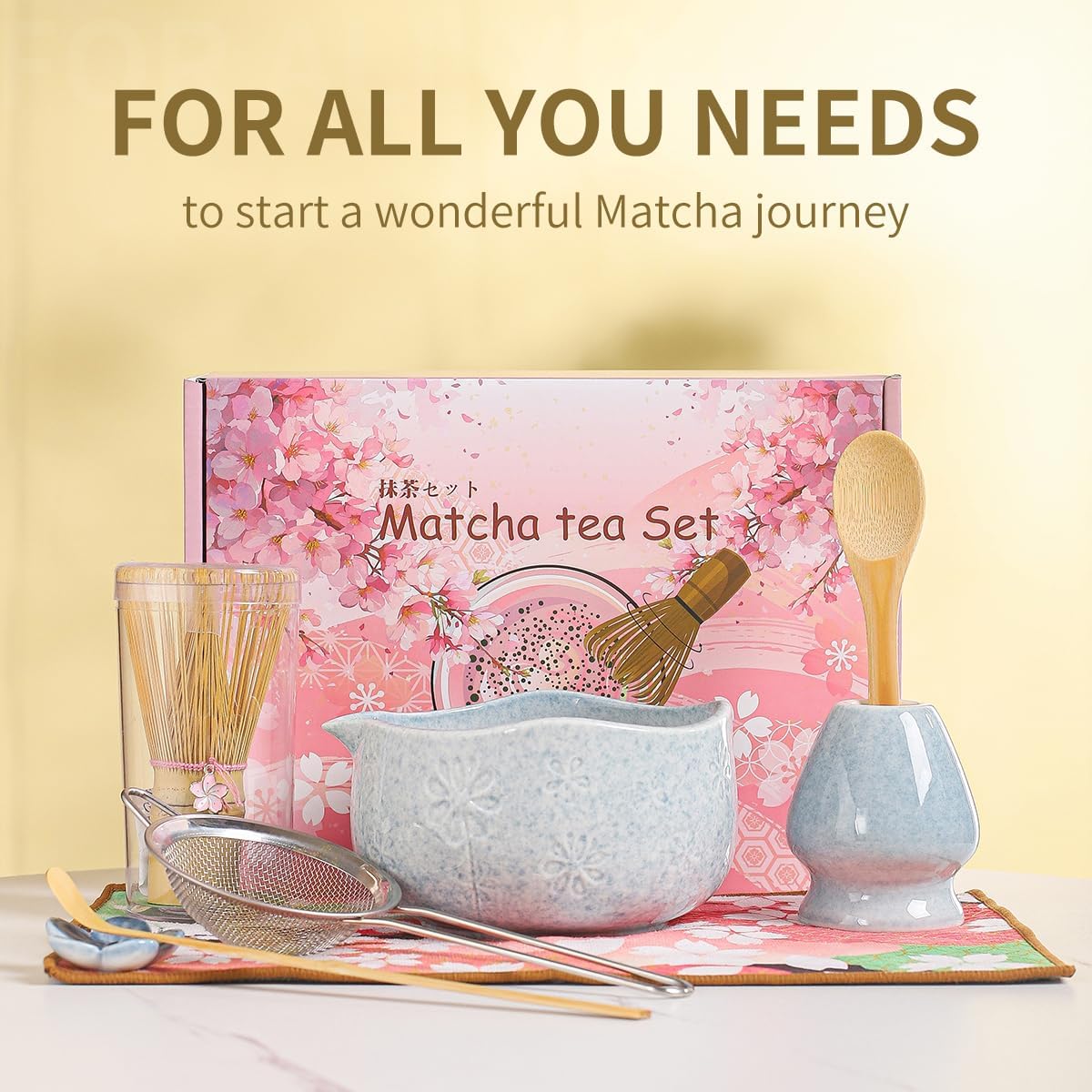 Handcrafted Matcha Bowl Set 8pc - Japanese Style Ceramic Chawan Tea Cups with Floral Art & Wavy Rim | Complete Matcha Tea Ceremony Kit in Premium Gift Box (green)