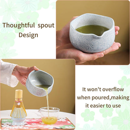 Handcrafted Matcha Bowl Set 8pc - Japanese Style Ceramic Chawan Tea Cups with Floral Art & Wavy Rim | Complete Matcha Tea Ceremony Kit in Premium Gift Box (green)