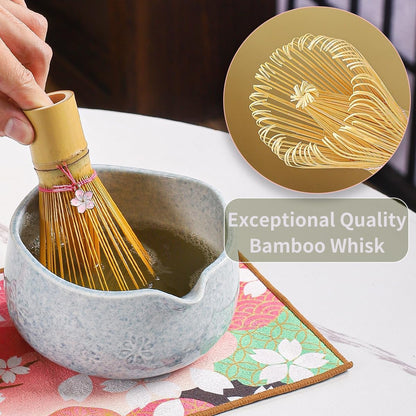 Handcrafted Matcha Bowl Set 8pc - Japanese Style Ceramic Chawan Tea Cups with Floral Art & Wavy Rim | Complete Matcha Tea Ceremony Kit in Premium Gift Box (green)