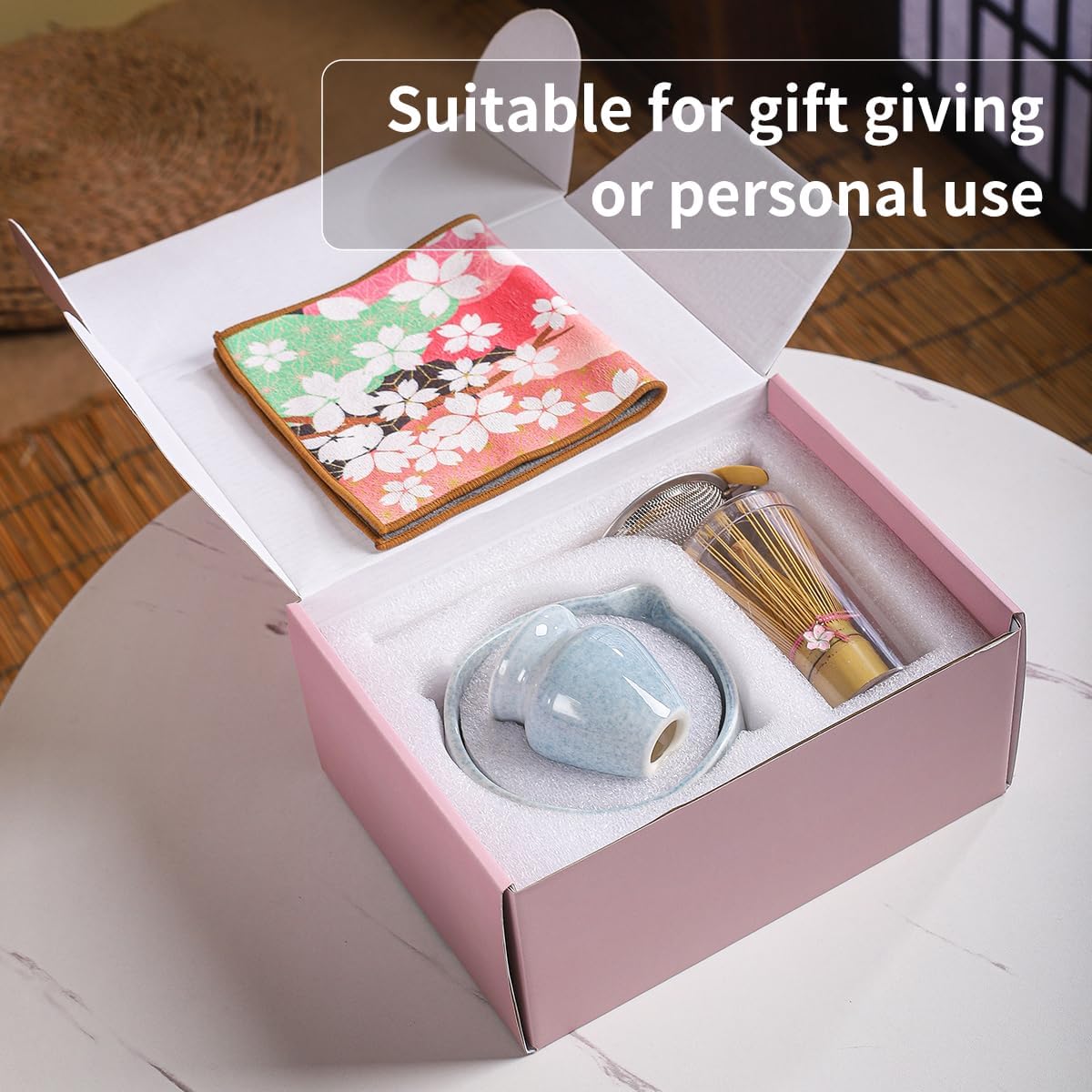 Handcrafted Matcha Bowl Set 8pc - Japanese Style Ceramic Chawan Tea Cups with Floral Art & Wavy Rim | Complete Matcha Tea Ceremony Kit in Premium Gift Box (green)